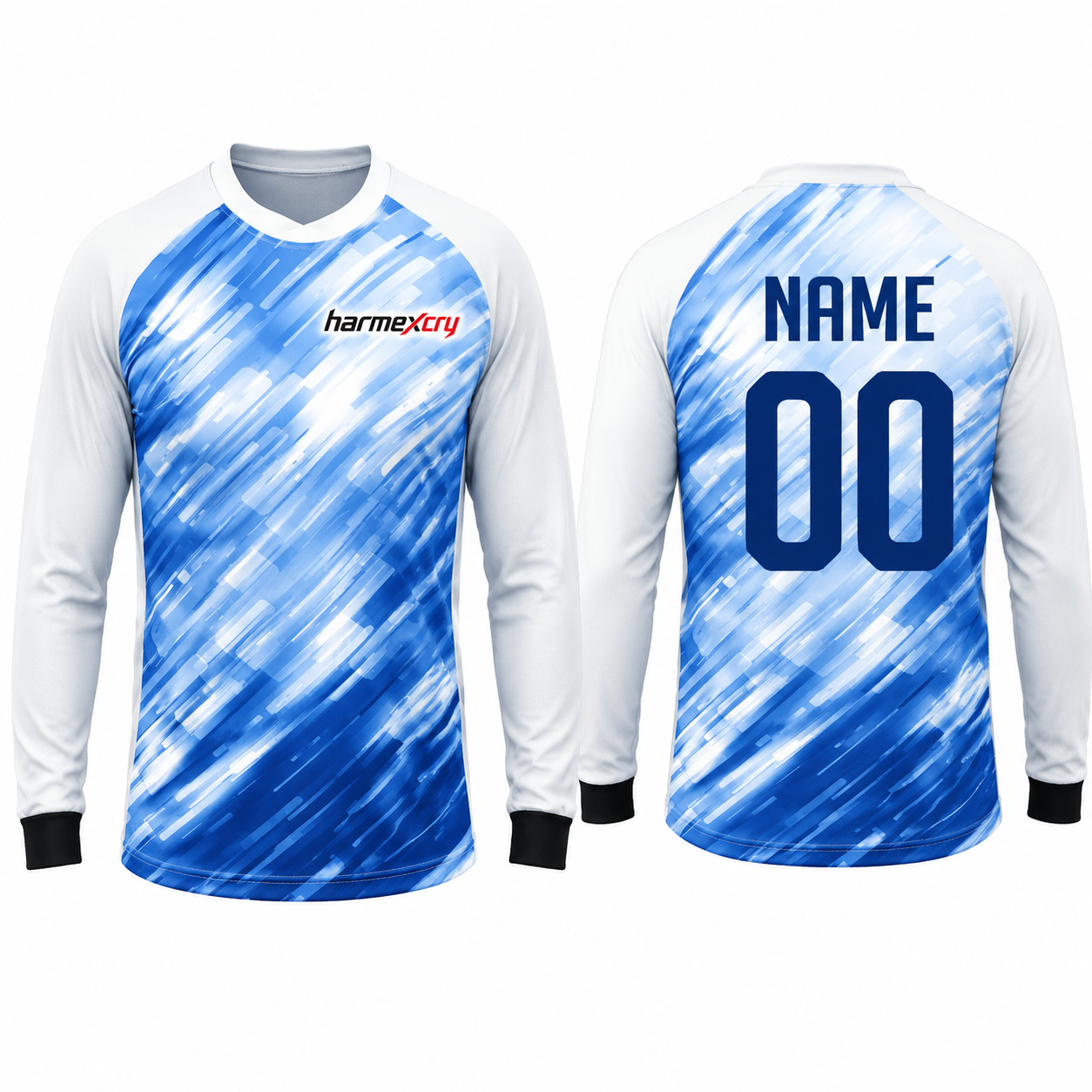 White and Blue Striped Long-Sleeve Soccer Goalkeeper Jersey