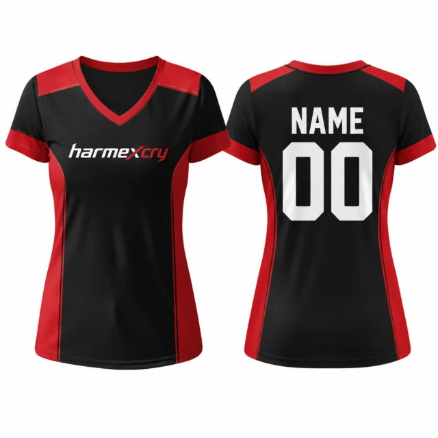 Women's Black and Red Short-Sleeve V-Neck Soccer Jersey