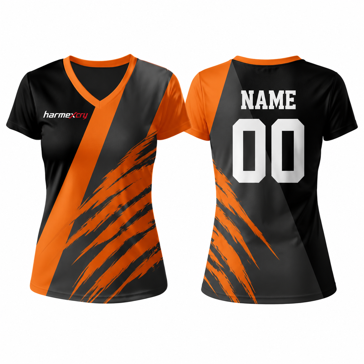 Black and Orange Short-Sleeve V-Neck Soccer Jersey with Scratched Pattern