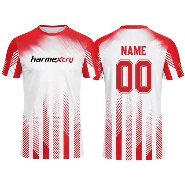Red Short-Sleeve Soccer Jersey with Vertical White Racing Stripes