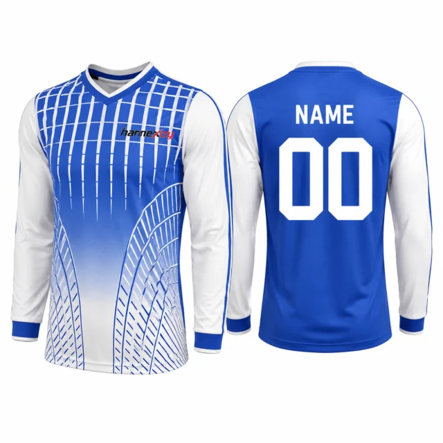 Blue and White Geometric Long-Sleeve Soccer Training Jersey