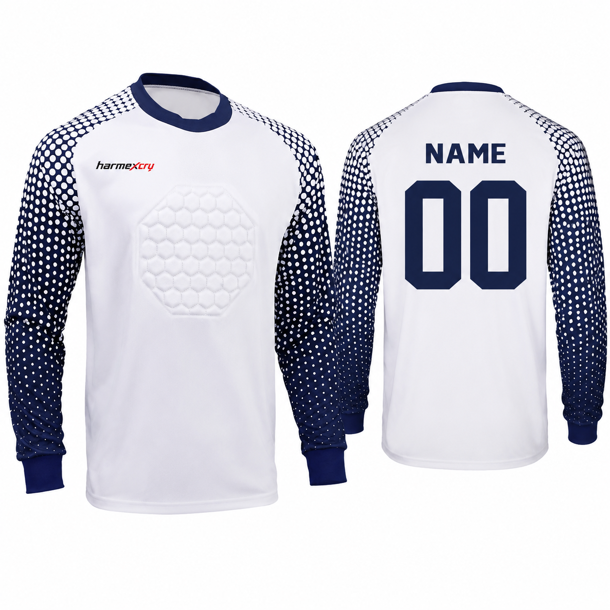 White and Navy Long-Sleeve Soccer Goalkeeper Jersey with Honeycomb Padding