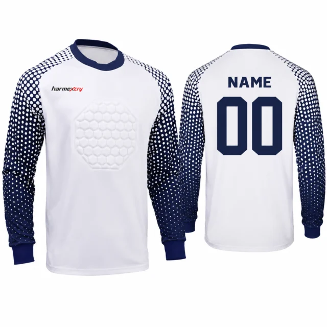 White and Navy Long-Sleeve Soccer Goalkeeper Jersey with Honeycomb Padding