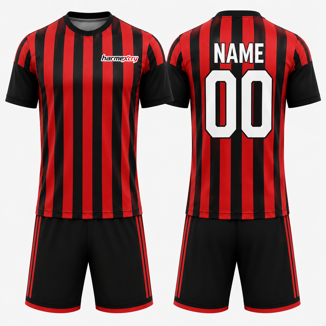 Men's Red and Black Striped Short-Sleeve Crew Neck Soccer Jersey Set