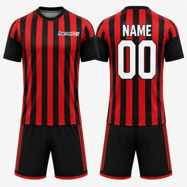 Men's Red and Black Striped Short-Sleeve Crew Neck Soccer Jersey Set