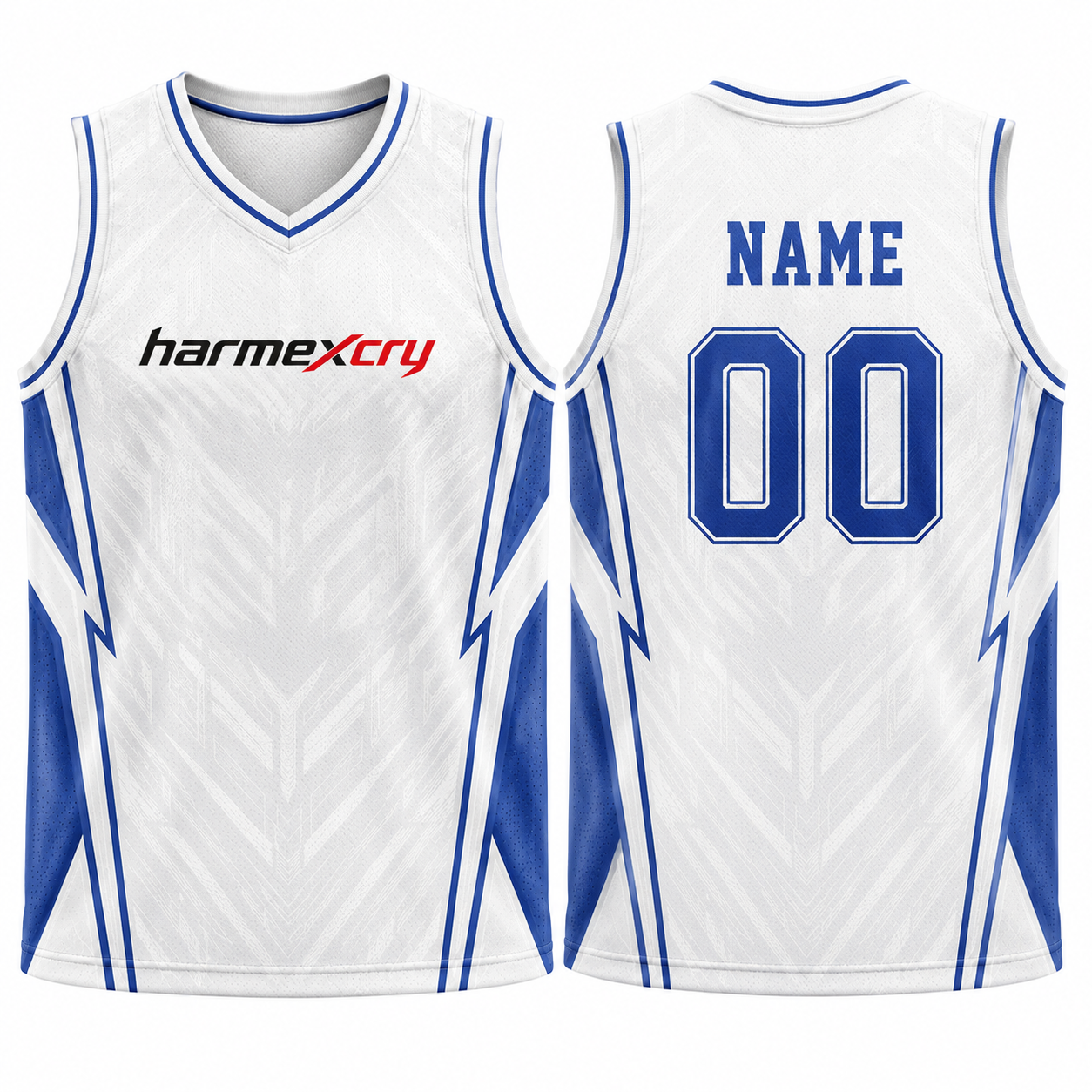 White and Blue Geometric V-Neck Basketball Tank Top
