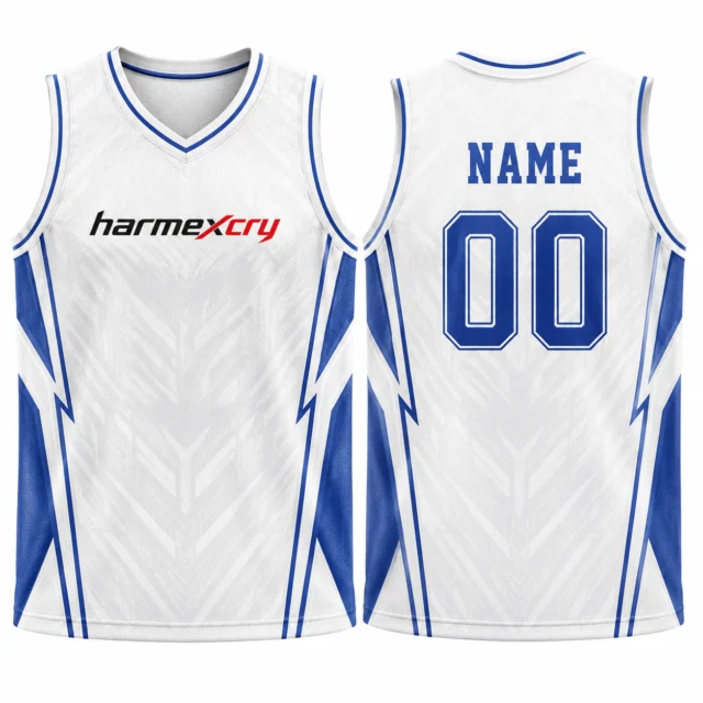 White and Blue Geometric V-Neck Basketball Tank Top