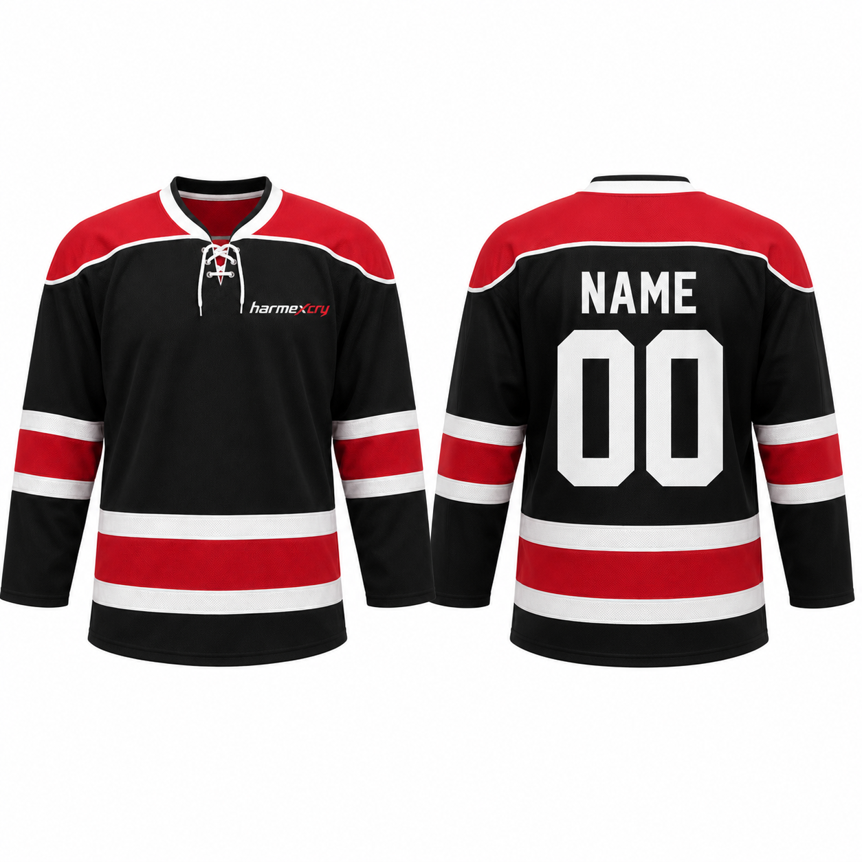 Red and Black Striped Long-Sleeve Lace-Up Ice Hockey Jersey