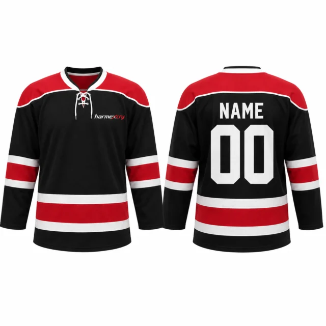Red and Black Striped Long-Sleeve Lace-Up Ice Hockey Jersey
