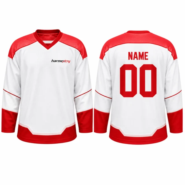 White Long-Sleeve Ice Hockey Jersey with Red Panels