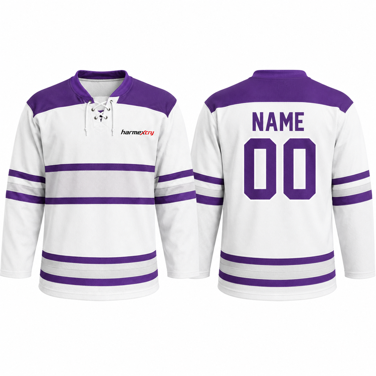White and Purple Long-Sleeve Lace-Up Ice Hockey Jersey