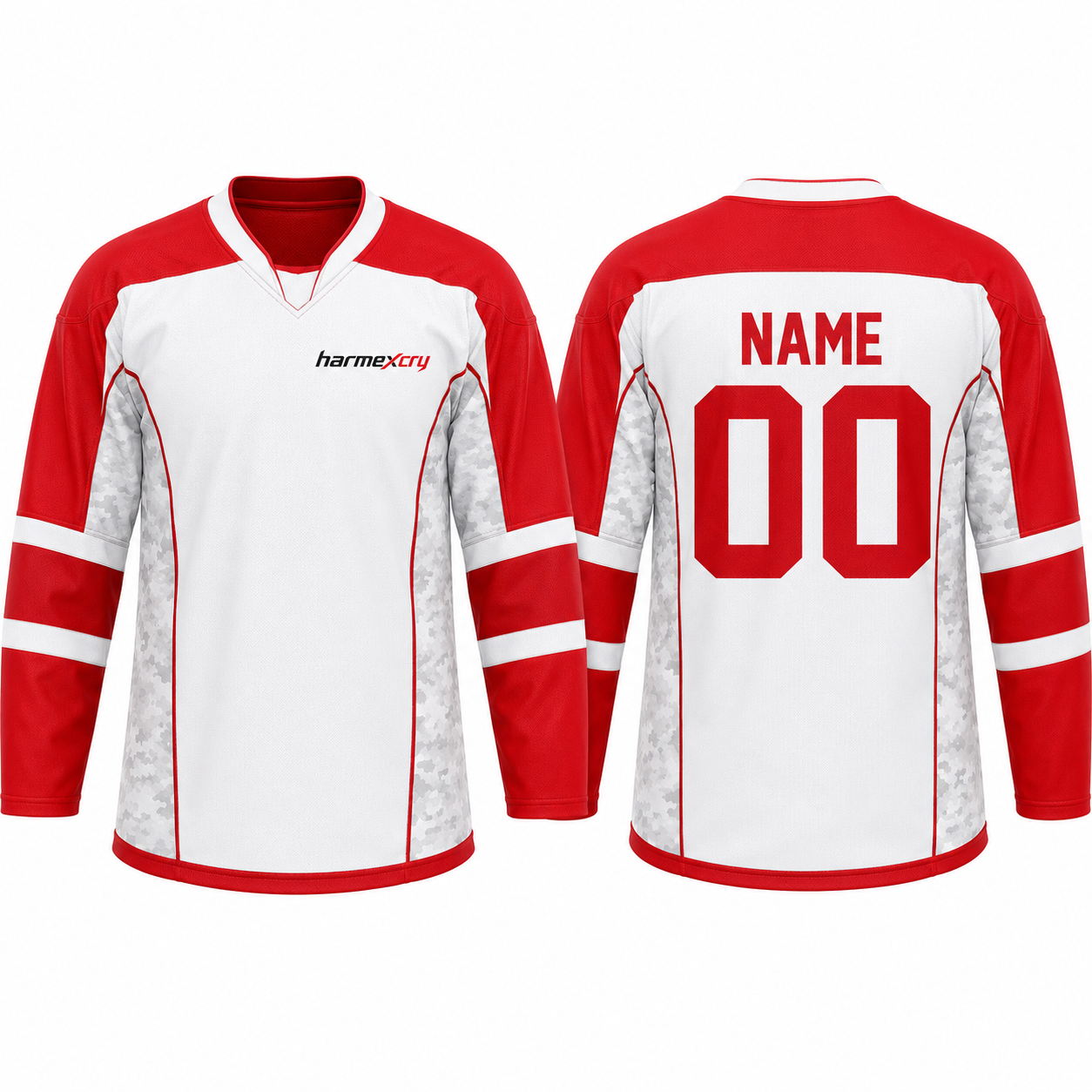 Red and White Relaxed-Fit Long-Sleeve V-Neck Ice Hockey Jersey