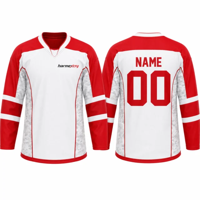 Red and White Relaxed-Fit Long-Sleeve V-Neck Ice Hockey Jersey