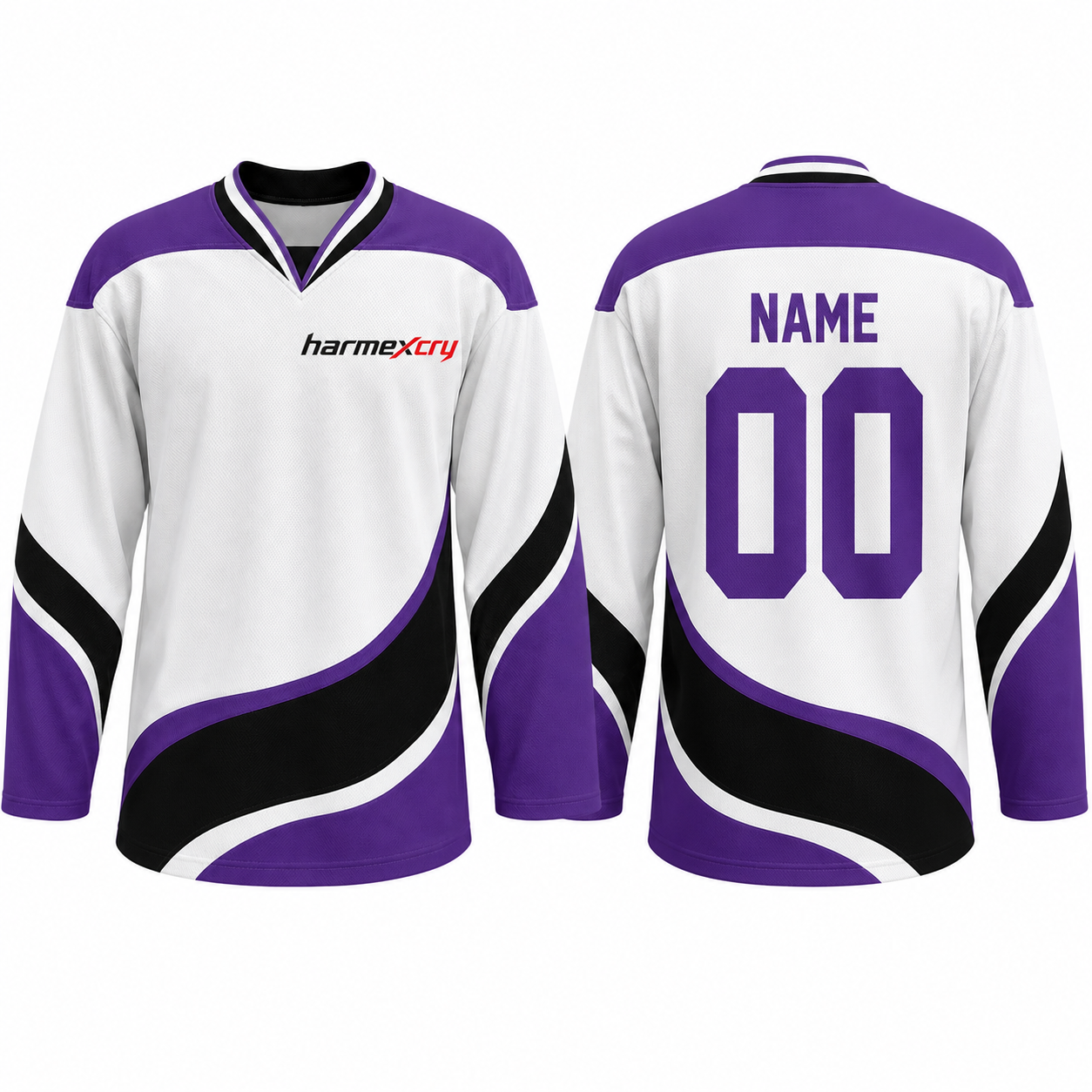 White and Purple Relaxed-Fit Long-Sleeve V-Neck Ice Hockey Jersey