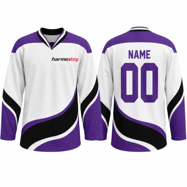 White and Purple Relaxed-Fit Long-Sleeve V-Neck Ice Hockey Jersey