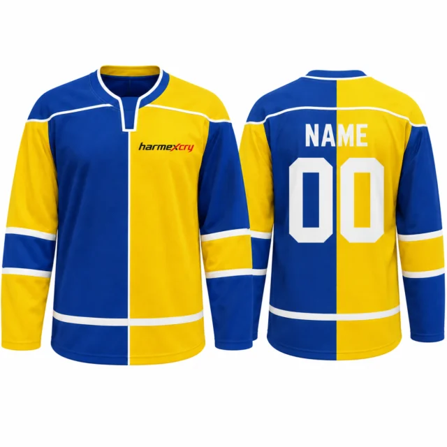 Royal Blue and Yellow Split-Color Long-Sleeve Ice Hockey Jersey