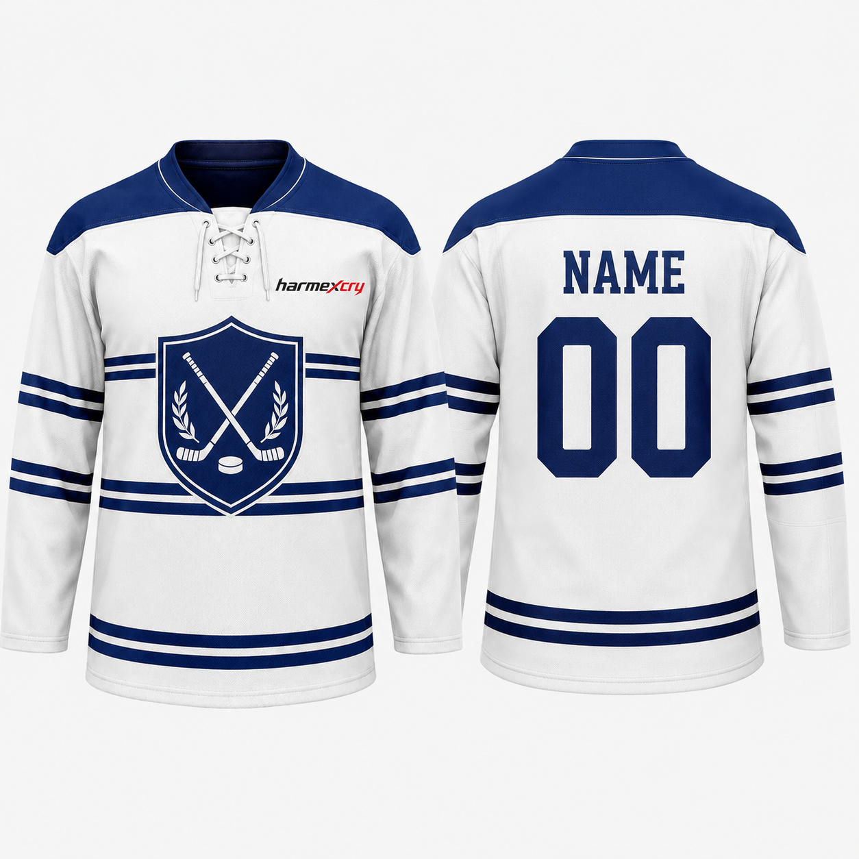 White and Blue Long-Sleeve Ice Hockey Jersey with Contrast Stripes