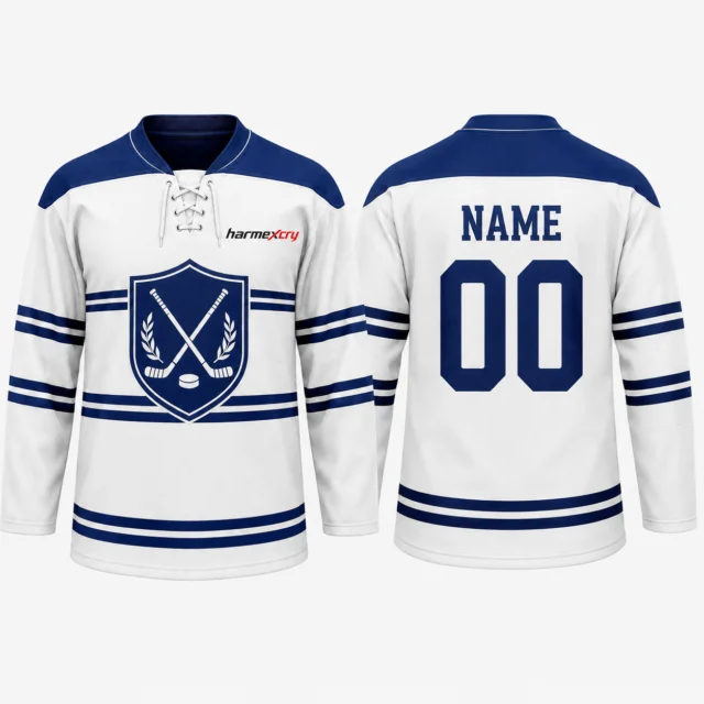 White and Blue Long-Sleeve Ice Hockey Jersey with Contrast Stripes