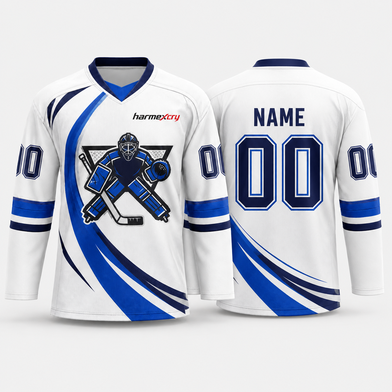 White and Blue Long-Sleeve V-Neck Ice Hockey Jersey
