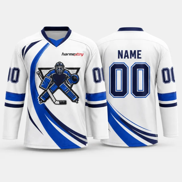 White and Blue Long-Sleeve V-Neck Ice Hockey Jersey