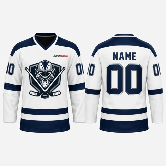 White and Navy Relaxed-Fit Long-Sleeve V-Neck Ice Hockey Jersey