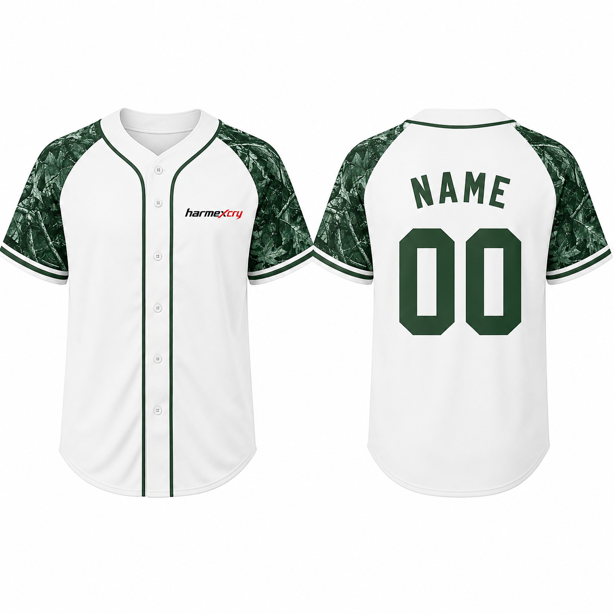 Green and White Baseball Jersey with Camo Sleeves