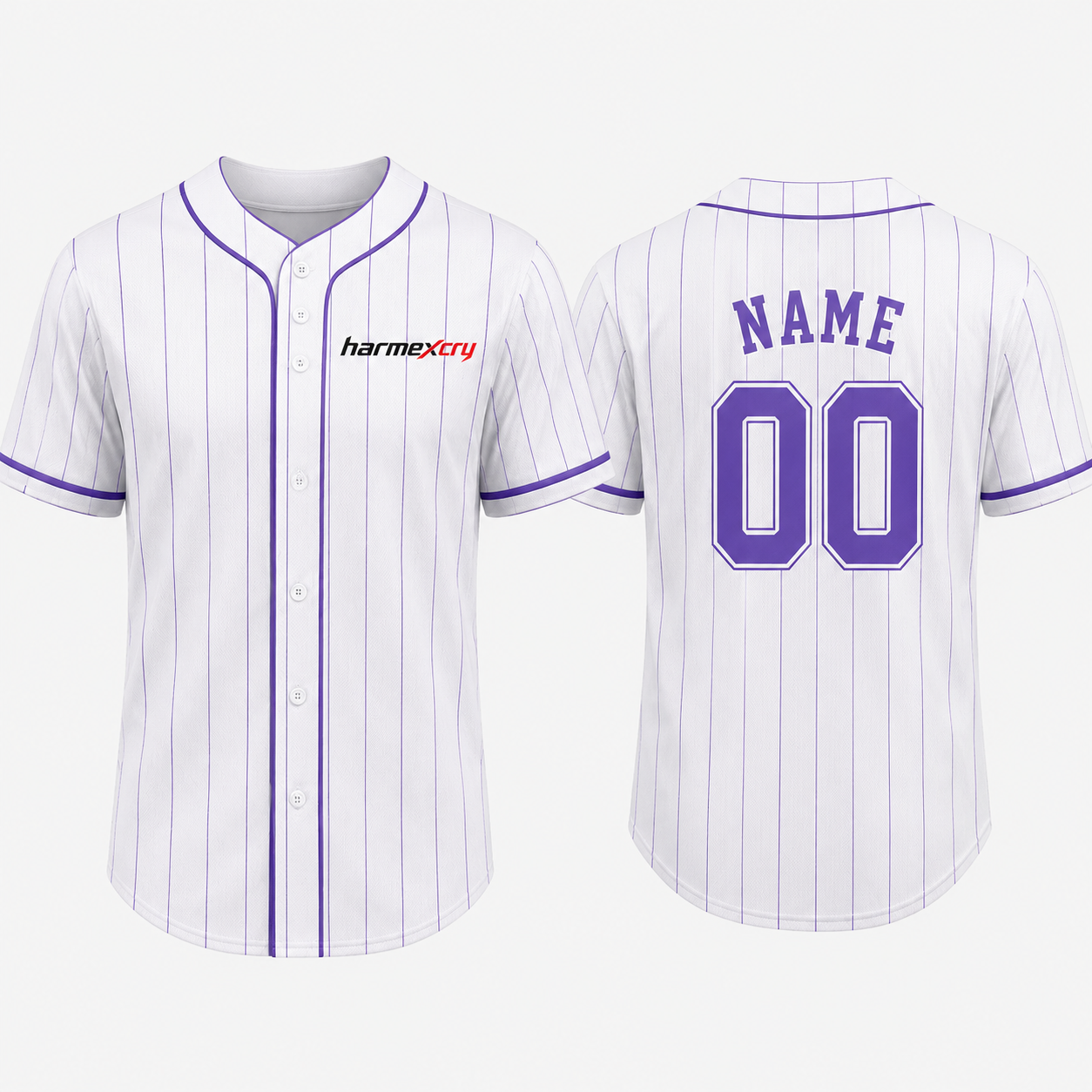 White and Purple Striped Short-Sleeve Button-Front V-Neck Baseball Jersey