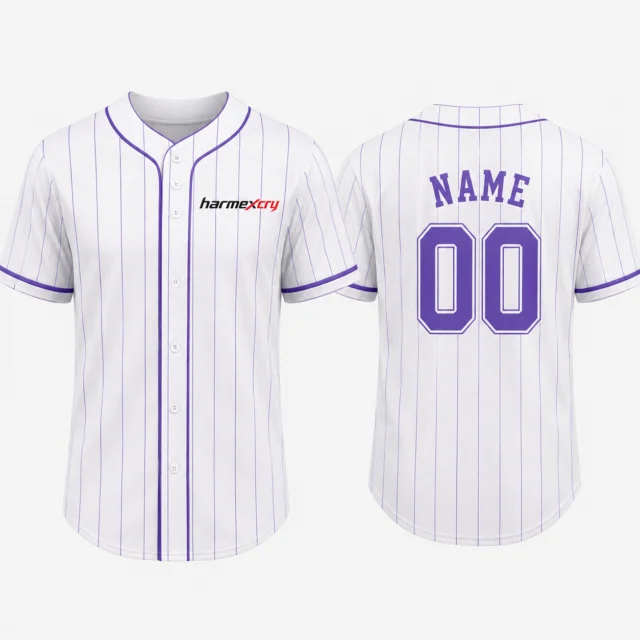 White and Purple Striped Short-Sleeve Button-Front V-Neck Baseball Jersey
