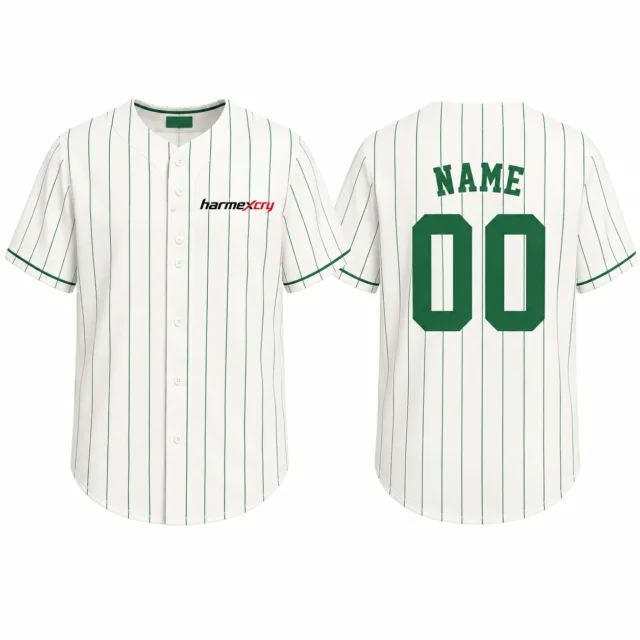 Green and White Baseball Jersey with Vertical Stripes