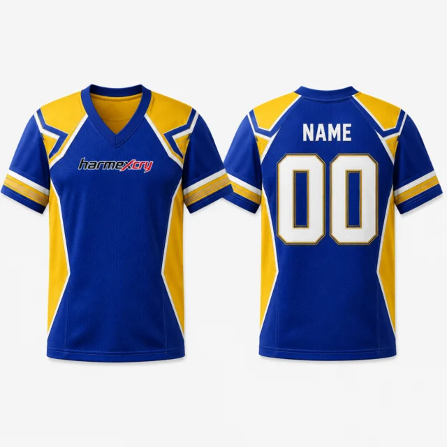 Royal Blue and Yellow Short-Sleeve V-Neck American Football Jersey with Geometric Stripes