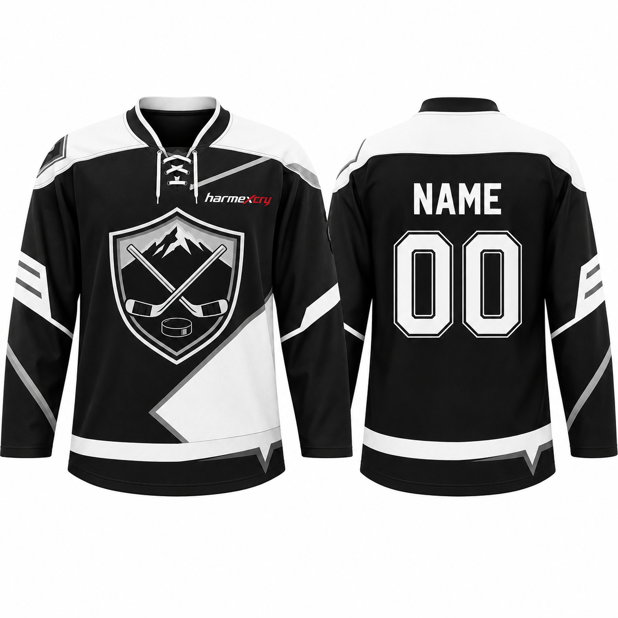 Black and White Relaxed-Fit Long-Sleeve Lace-Up Ice Hockey Jersey