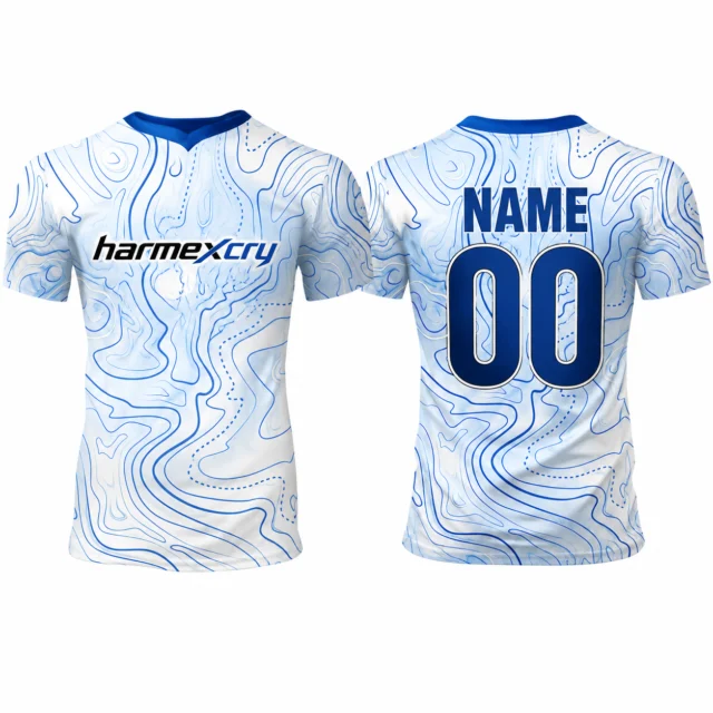 Blue and White Short-Sleeve V-Neck Soccer Jersey with Topographic Pattern