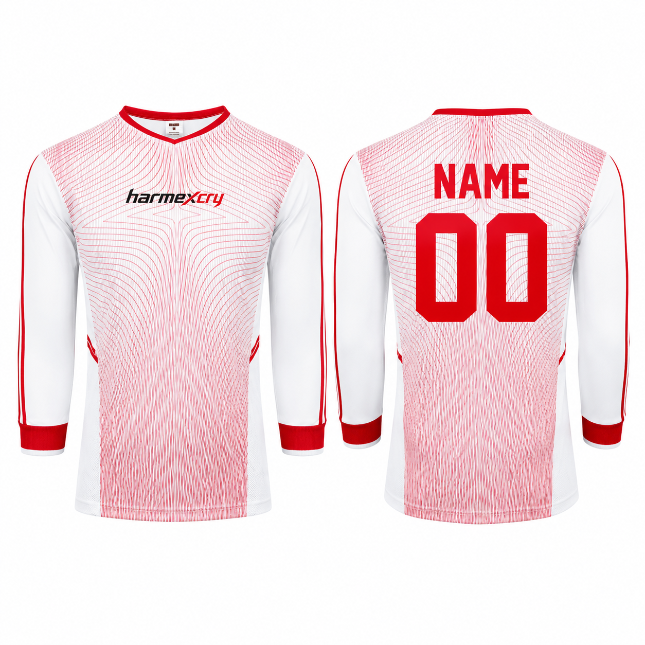 White and Red Long-Sleeve Soccer Training Jersey with Gradient Grid Design