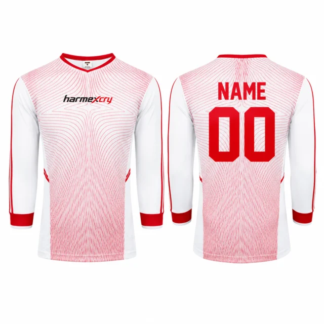 White and Red Long-Sleeve Soccer Training Jersey with Gradient Grid Design