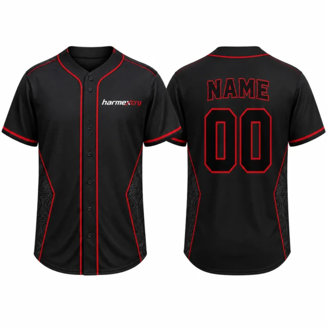 Black and Red Short-Sleeve Button-Front V-Neck Baseball Jersey