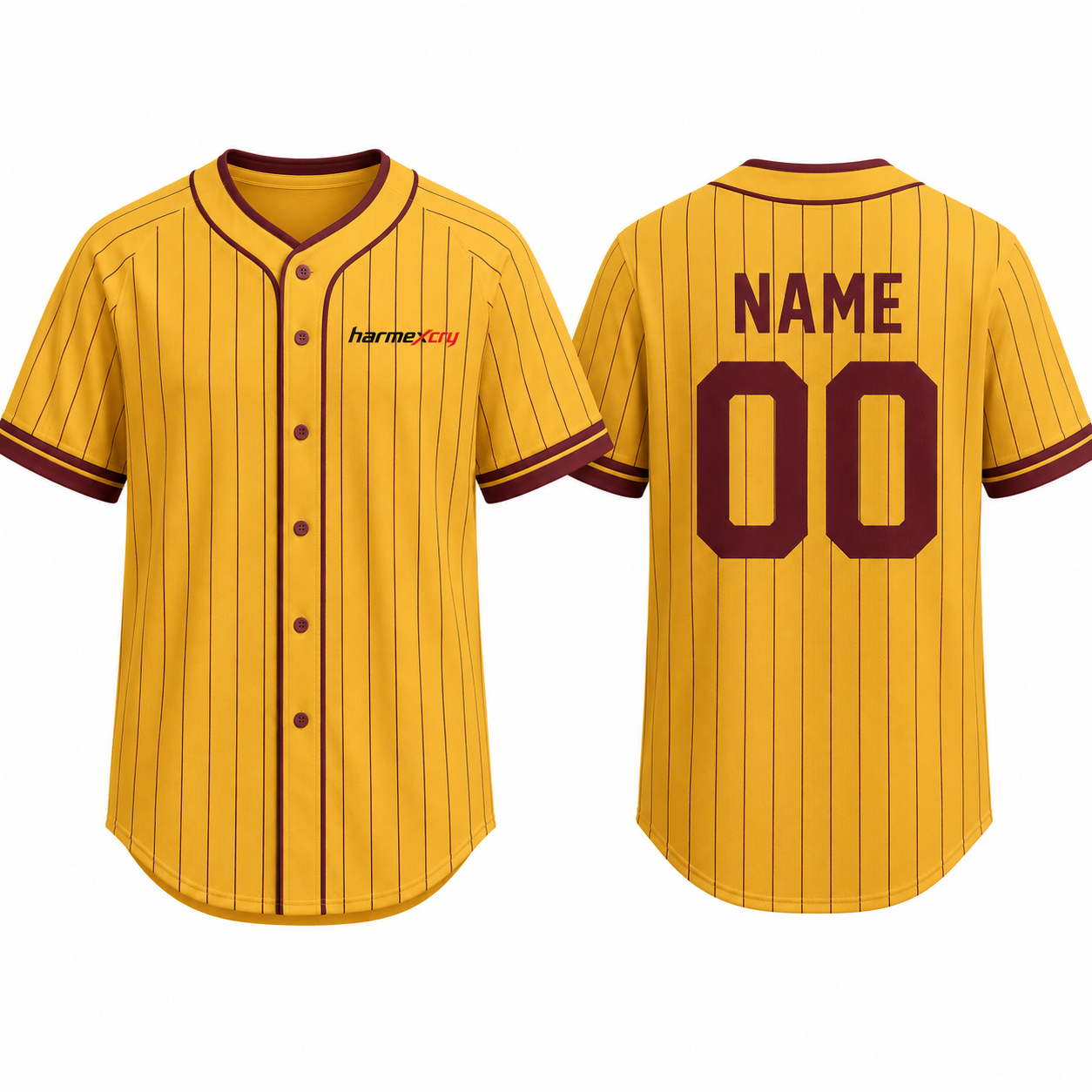 Gold and Maroon Striped Short-Sleeve Button-Front V-Neck Baseball Jersey